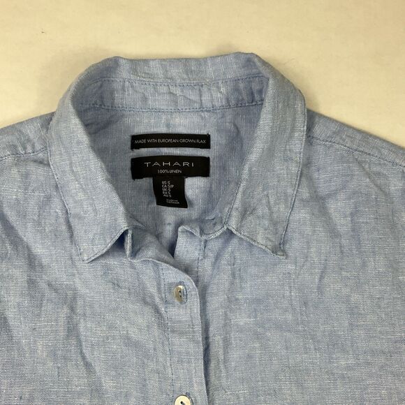 Tahari Linen Shirtdress Small Blue Button Front Casual Minimalist Resort Pockets - Picture 5 of 10